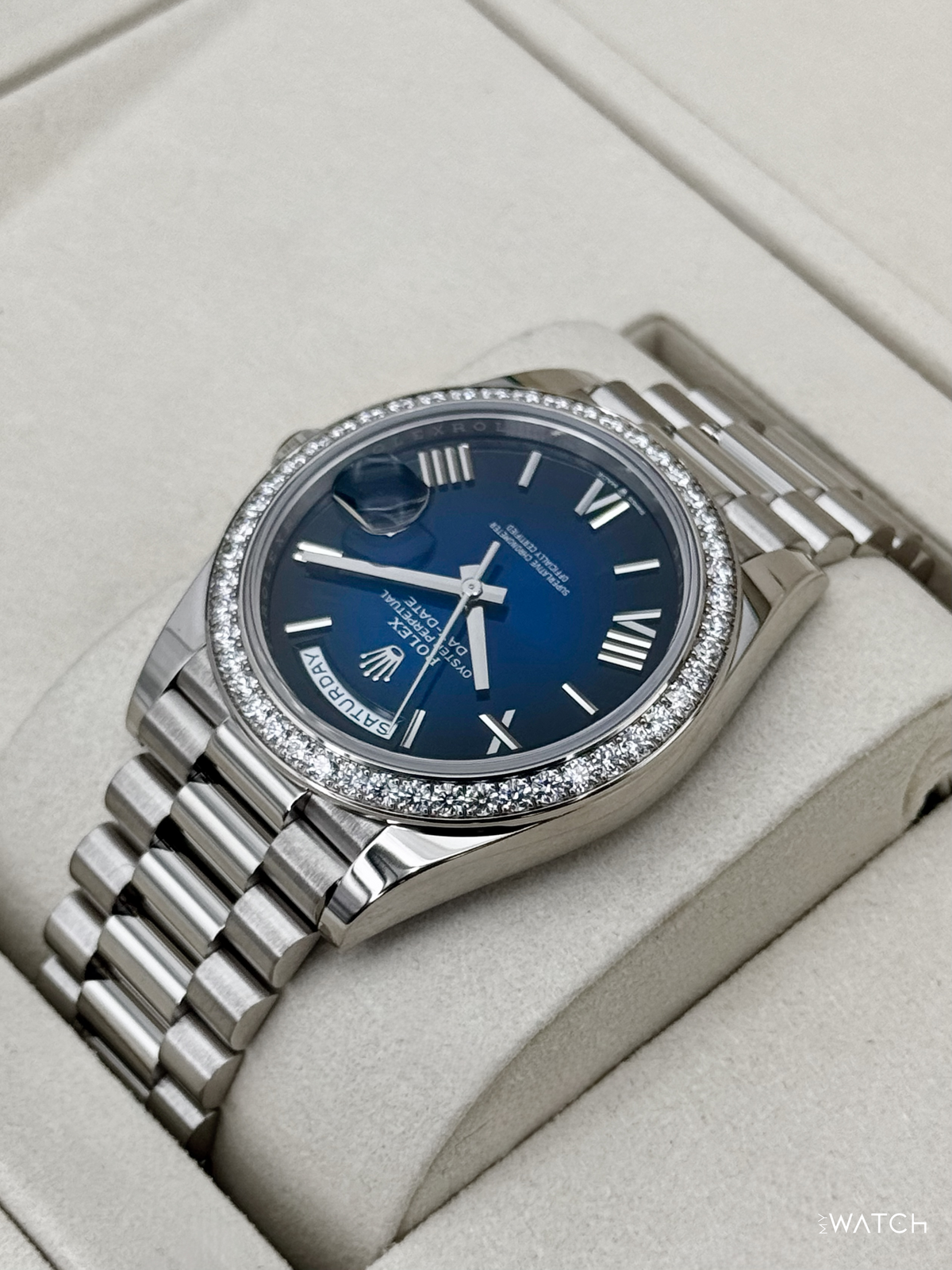 2025 Rolex Day-Date 40mm 228349RBR Presidential White Gold Blue Ombre Dial
