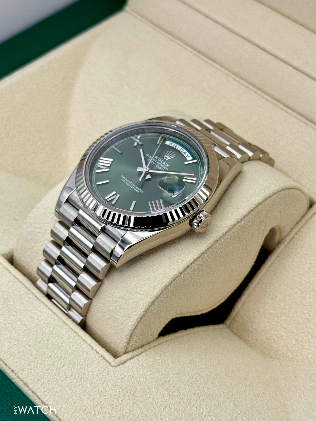 2021 Rolex Day-Date 40mm 228239 White Gold Olive Dial