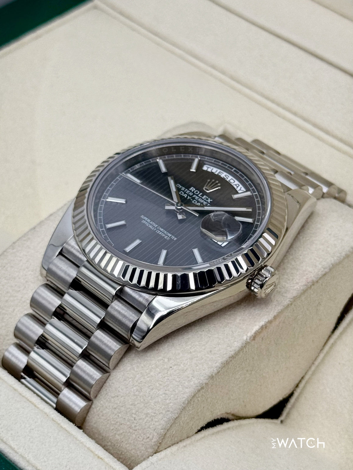2020 Rolex Day-Date 40mm 228239 White Gold Rhodium Motif Dial