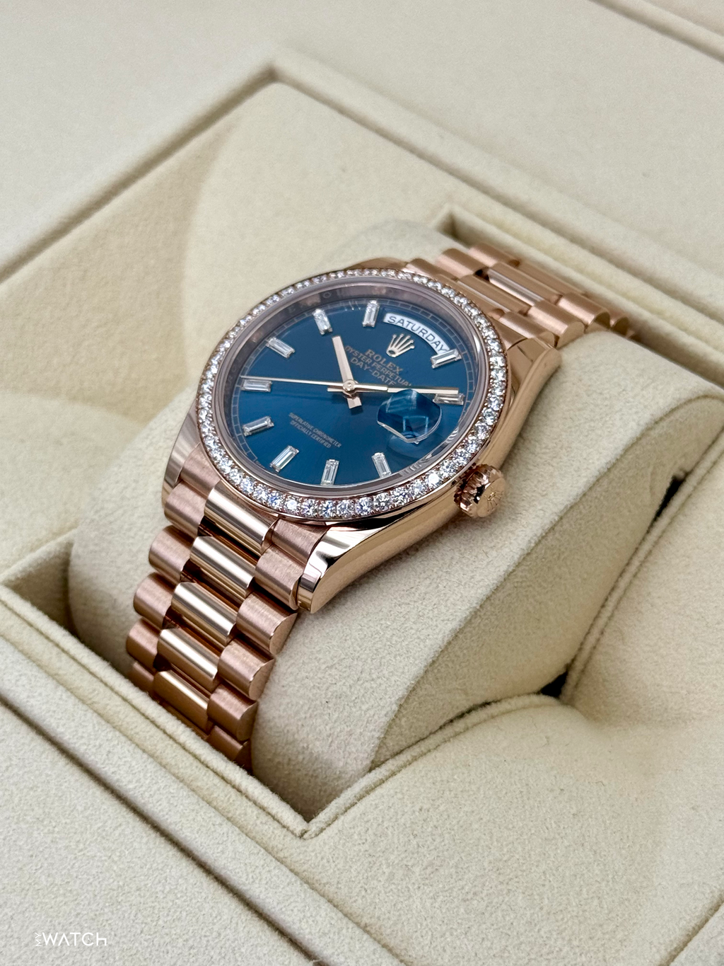 NEW 2025 Rolex Day-Date 36mm 128345RBR Rose Gold Blue Baguette Dial