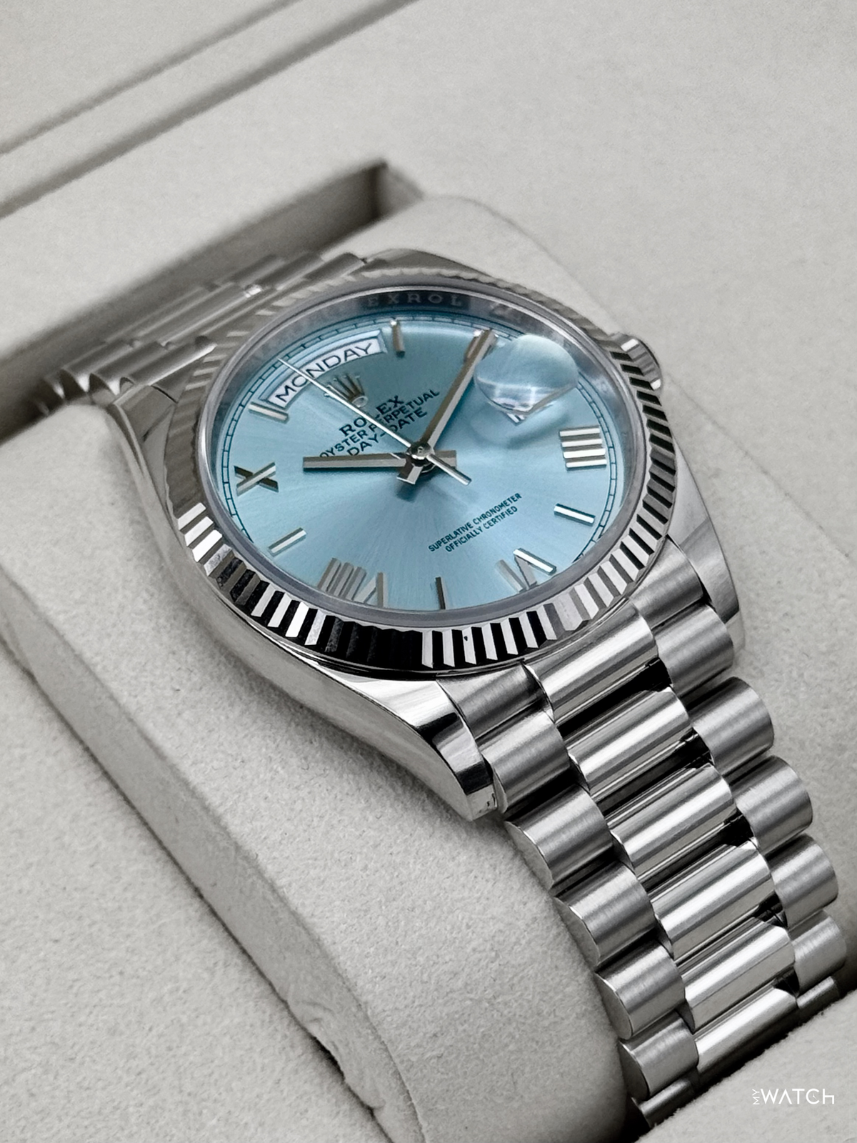NEW 2026 Rolex Day-Date Platinum 36mm 128236 Ice Blue Roman Dial