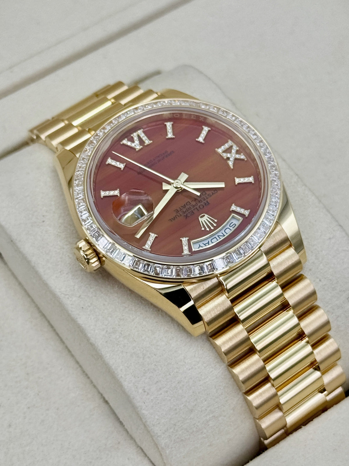 NEW 2026 Rolex Day-Date 36mm 128398TBR Presidential Yellow Gold Carnelian Diamond Dial