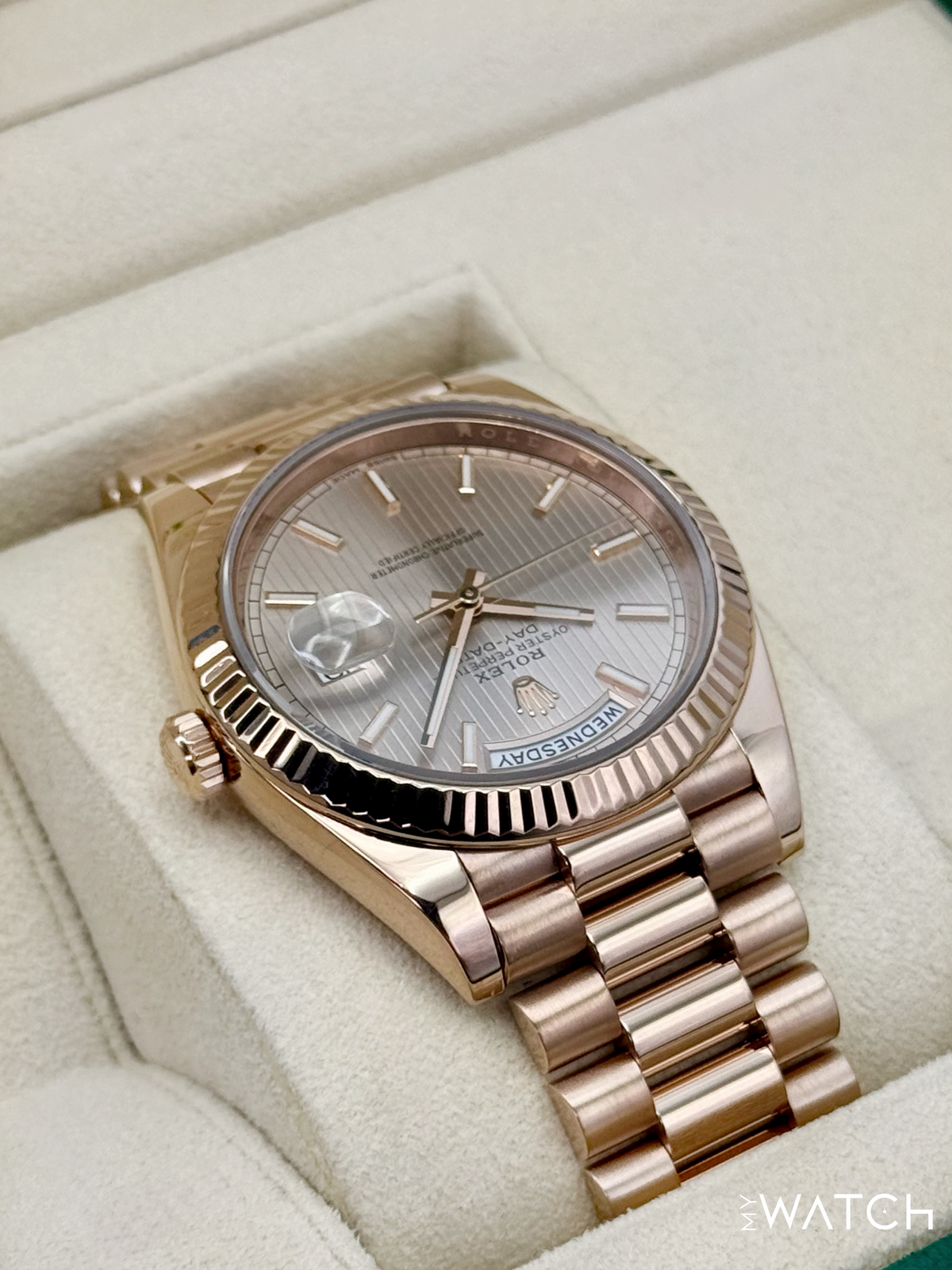 2018 Rolex Day-Date 40mm 228235 Presidential Rose Gold Sundust Stripe Motif Dial