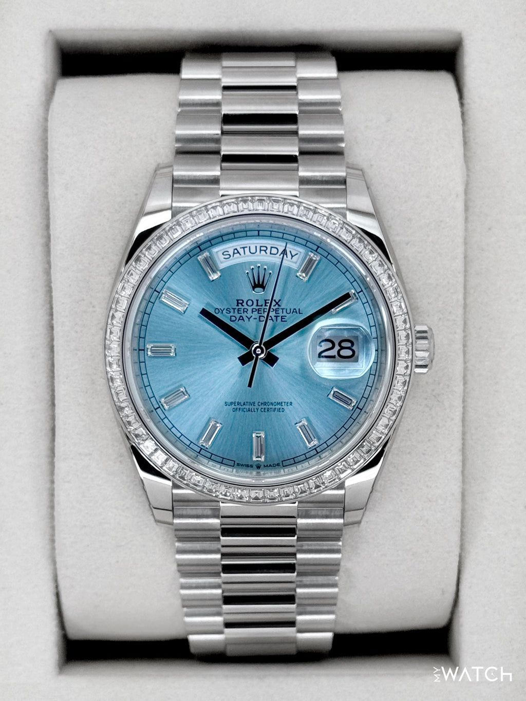 NEW Rolex Day-Date 36mm 128396TBR Ice Blue Diamond Baguette Dial