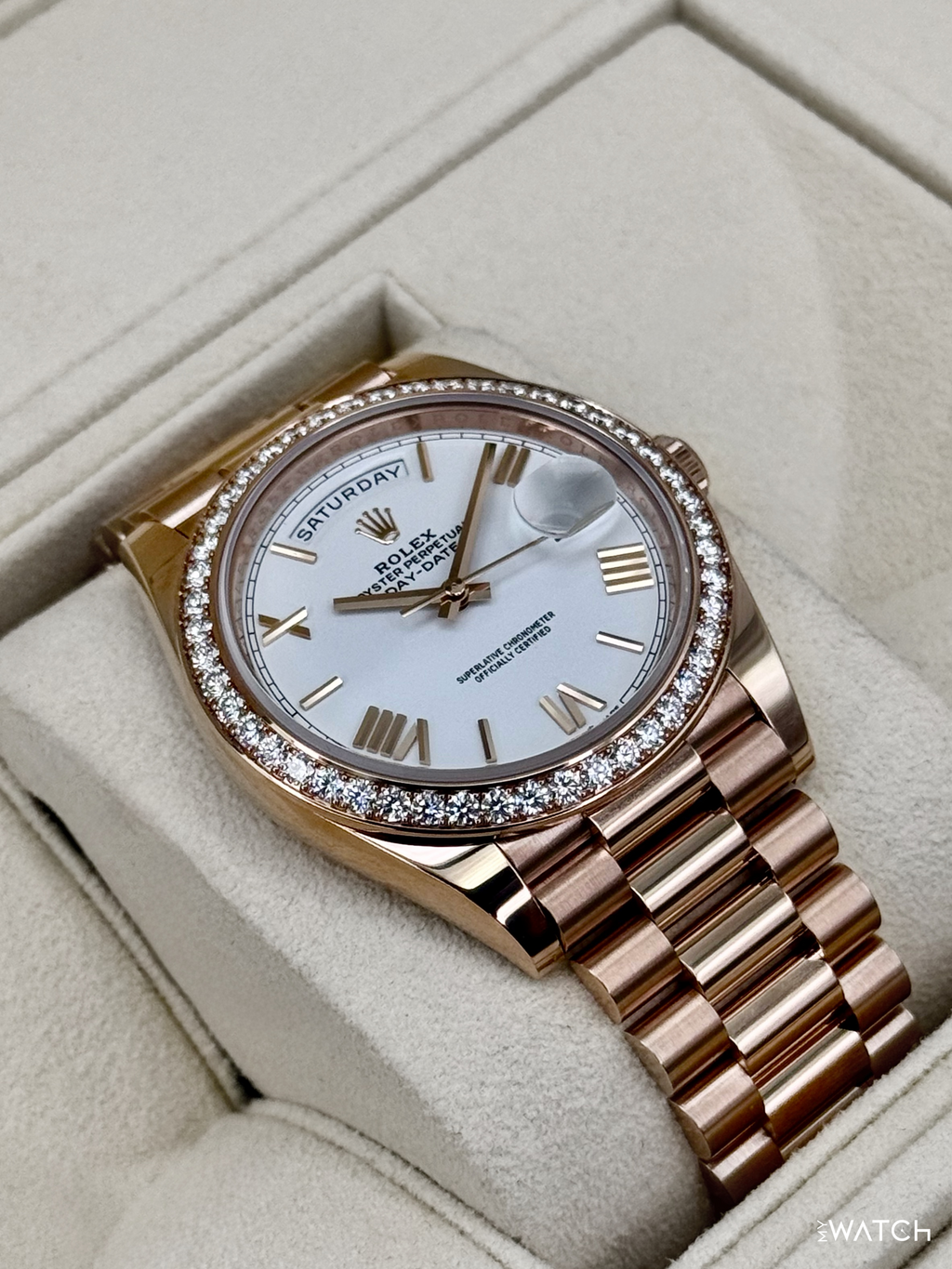 2022 Rolex Day-Date 40mm 228345RBR Presidential Rose Gold Diamond Bezel White Dial (CPO)