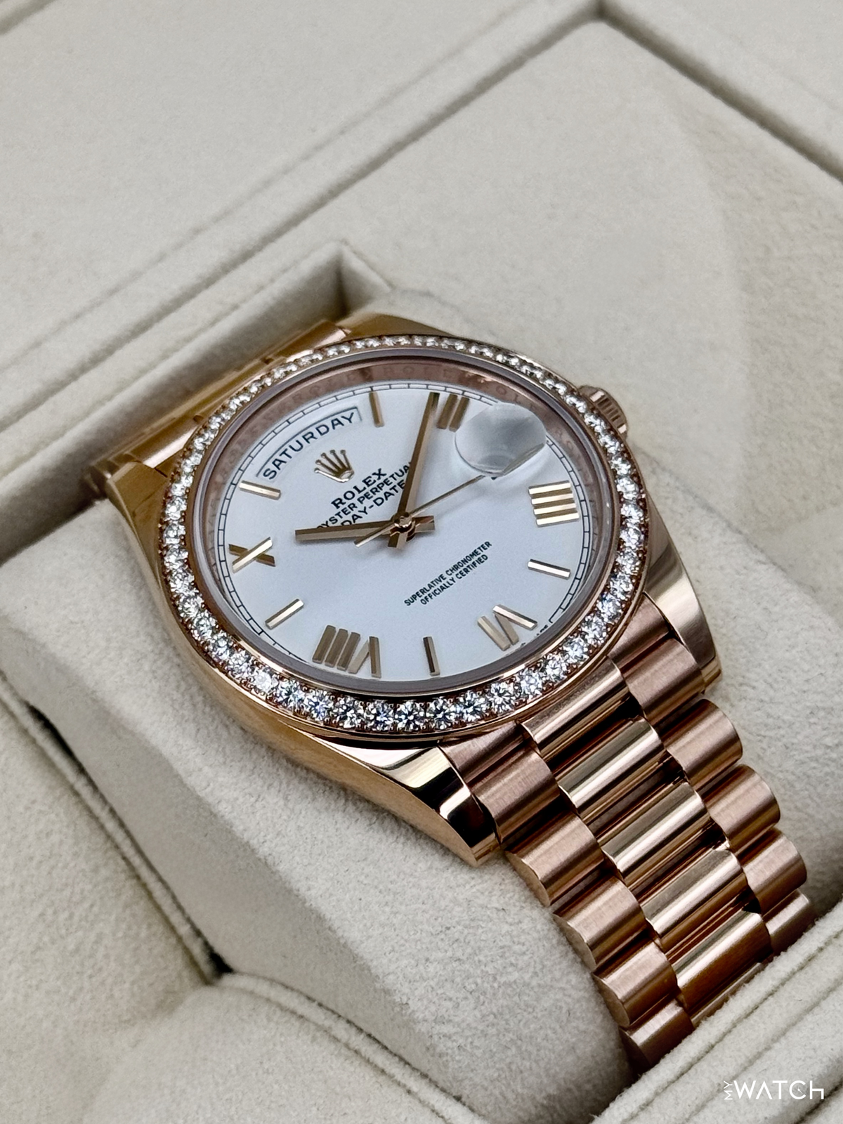 2022 Rolex Day-Date 40mm 228345RBR Presidential Rose Gold Diamond Bezel White Dial (CPO)