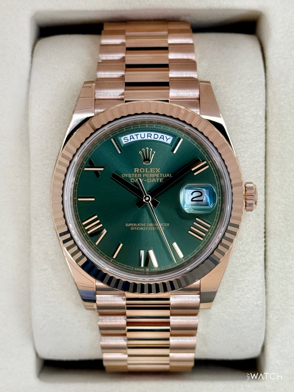 NEW 2025 Rolex Day-Date 40mm 228235 Presidential Rose Gold Green Dial (STICKERED)
