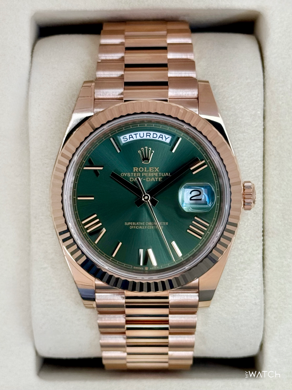 NEW 2025 Rolex Day-Date 40mm 228235 Presidential Rose Gold Green Dial (STICKERED)