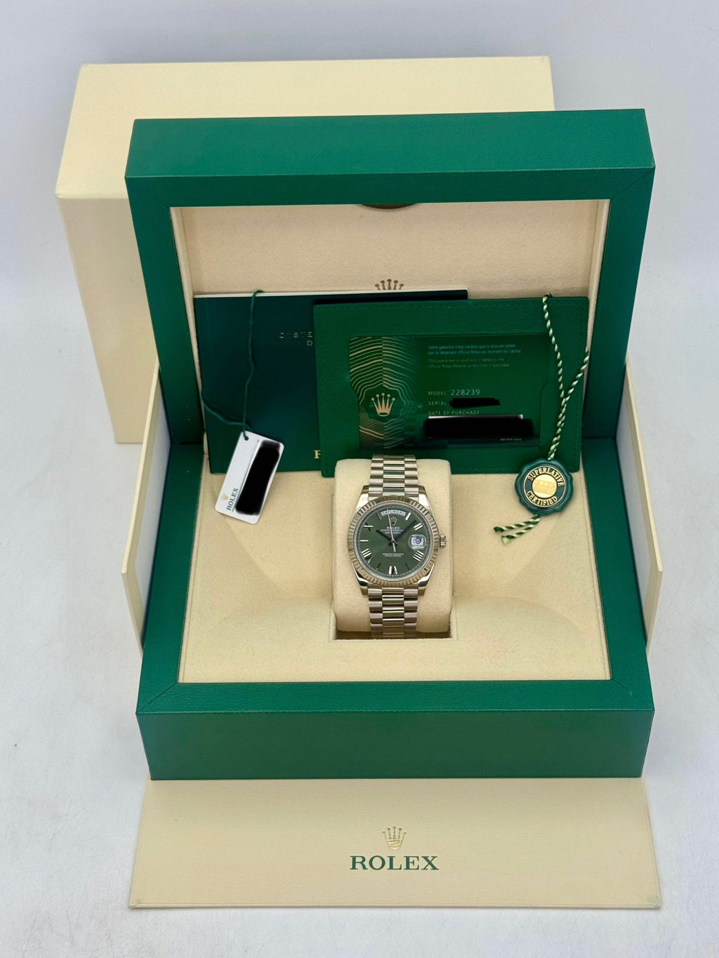 2020 Rolex Day-Date 40mm 228239 Presidential White Gold Olive Green Dial
