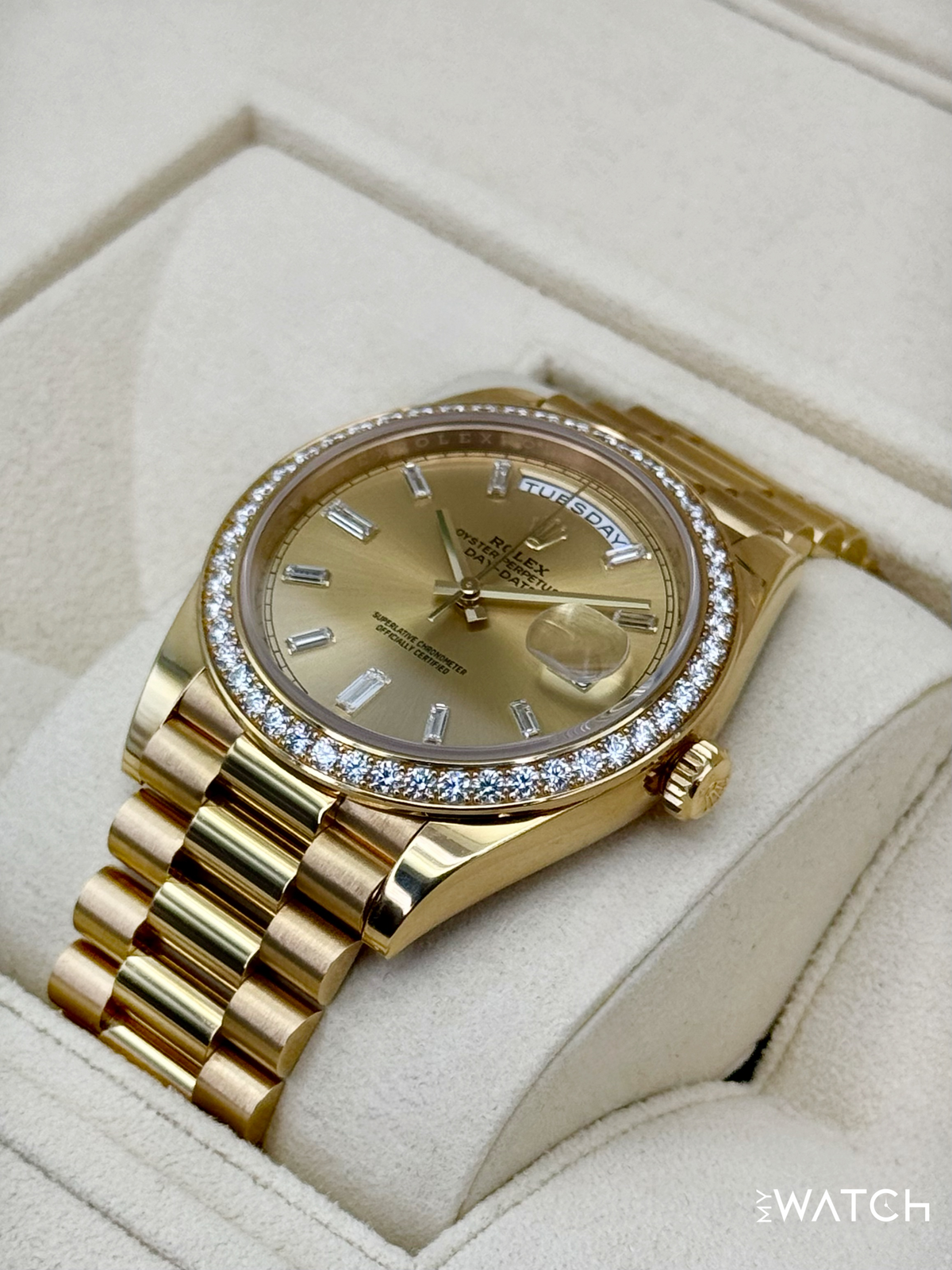 2020 Rolex Day-Date 40mm 228348RBR Presidential Champagne Baguette Dial