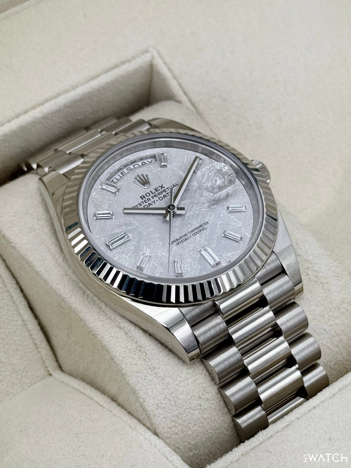 2025 Rolex Day-Date 40mm 228239 Presidential White Gold Meteorite Diamond Dial