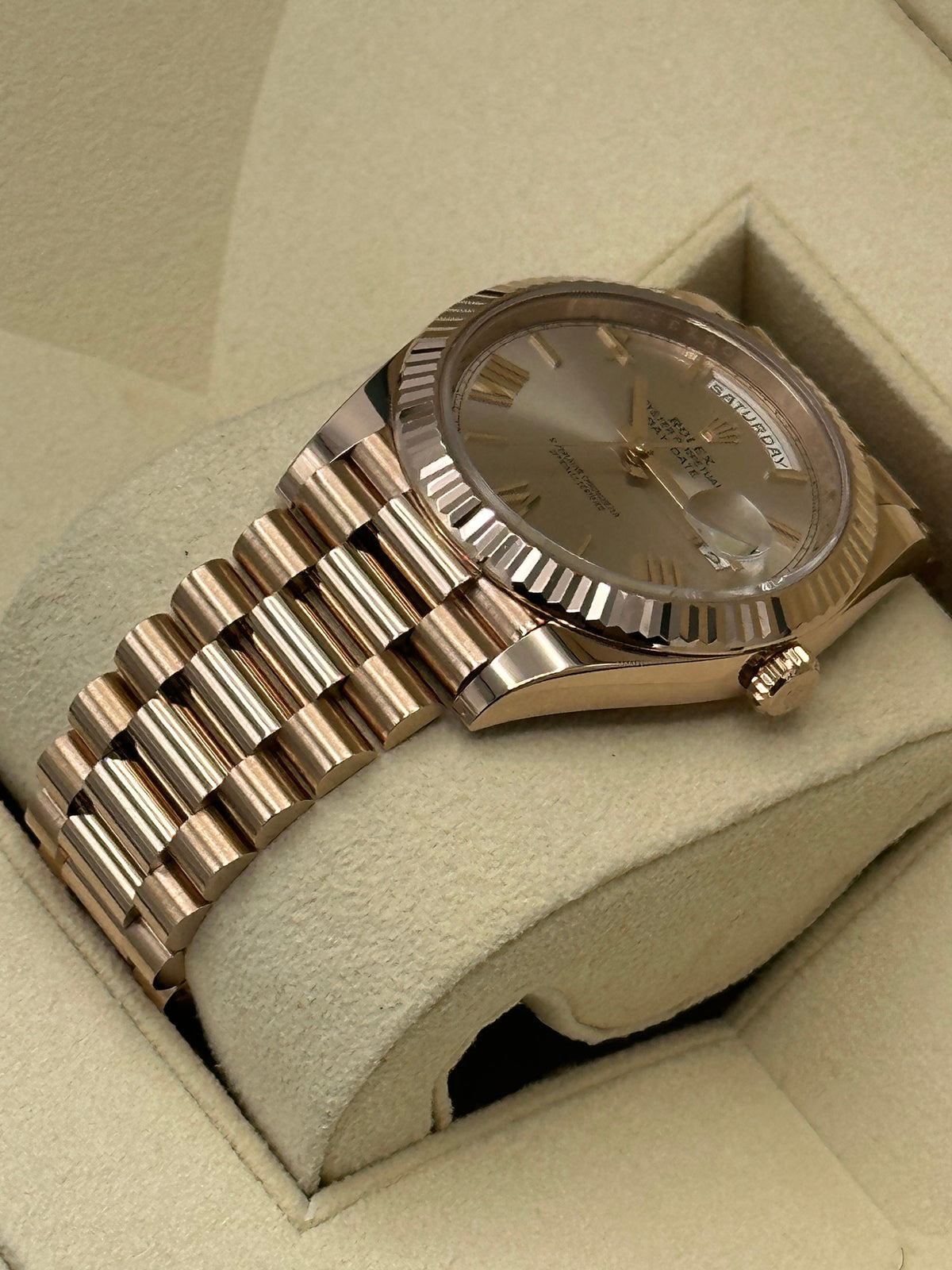 NEW 2023 Rolex Day-Date 40mm 228235 Presidential Rose Gold Sundust Dial