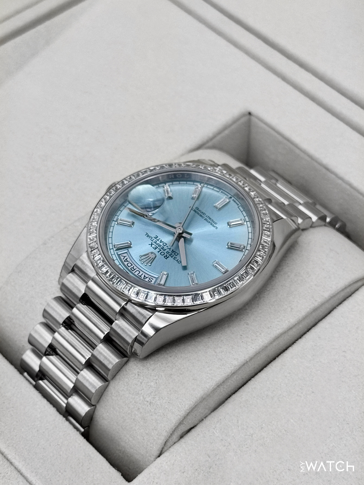 NEW Rolex Day-Date 36mm 128396TBR Ice Blue Diamond Baguette Dial