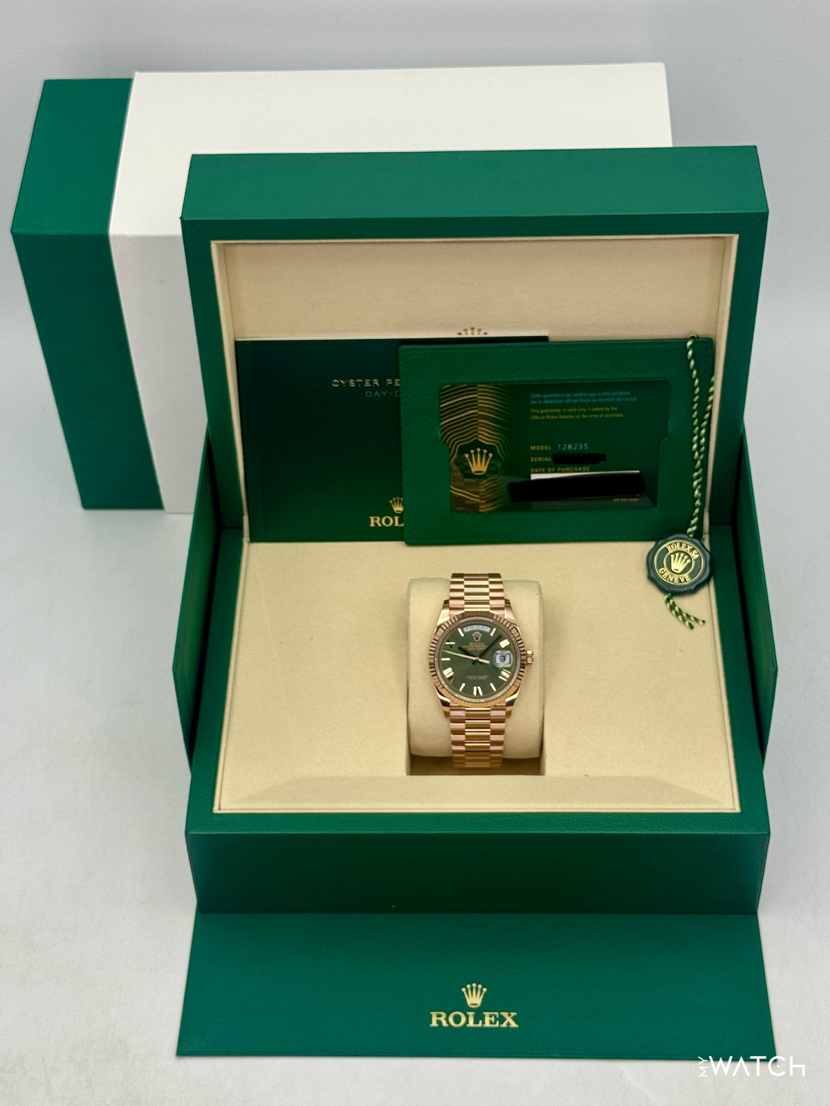 NEW 2026 Rolex Day-Date 36mm 128235 Presidential Rose Gold Olive Green Dial