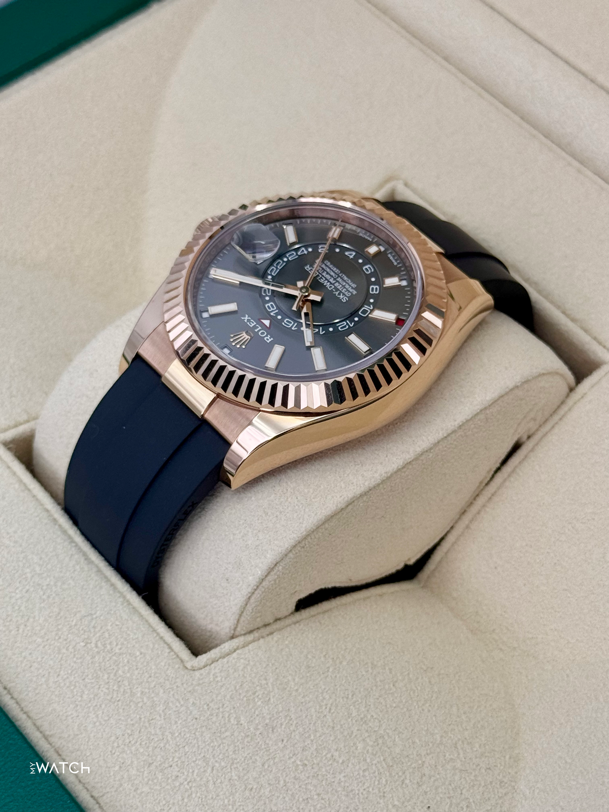 2022 Rolex Sky-Dweller 42mm 326235 Rose Gold Oysterflex Rhodium Dial