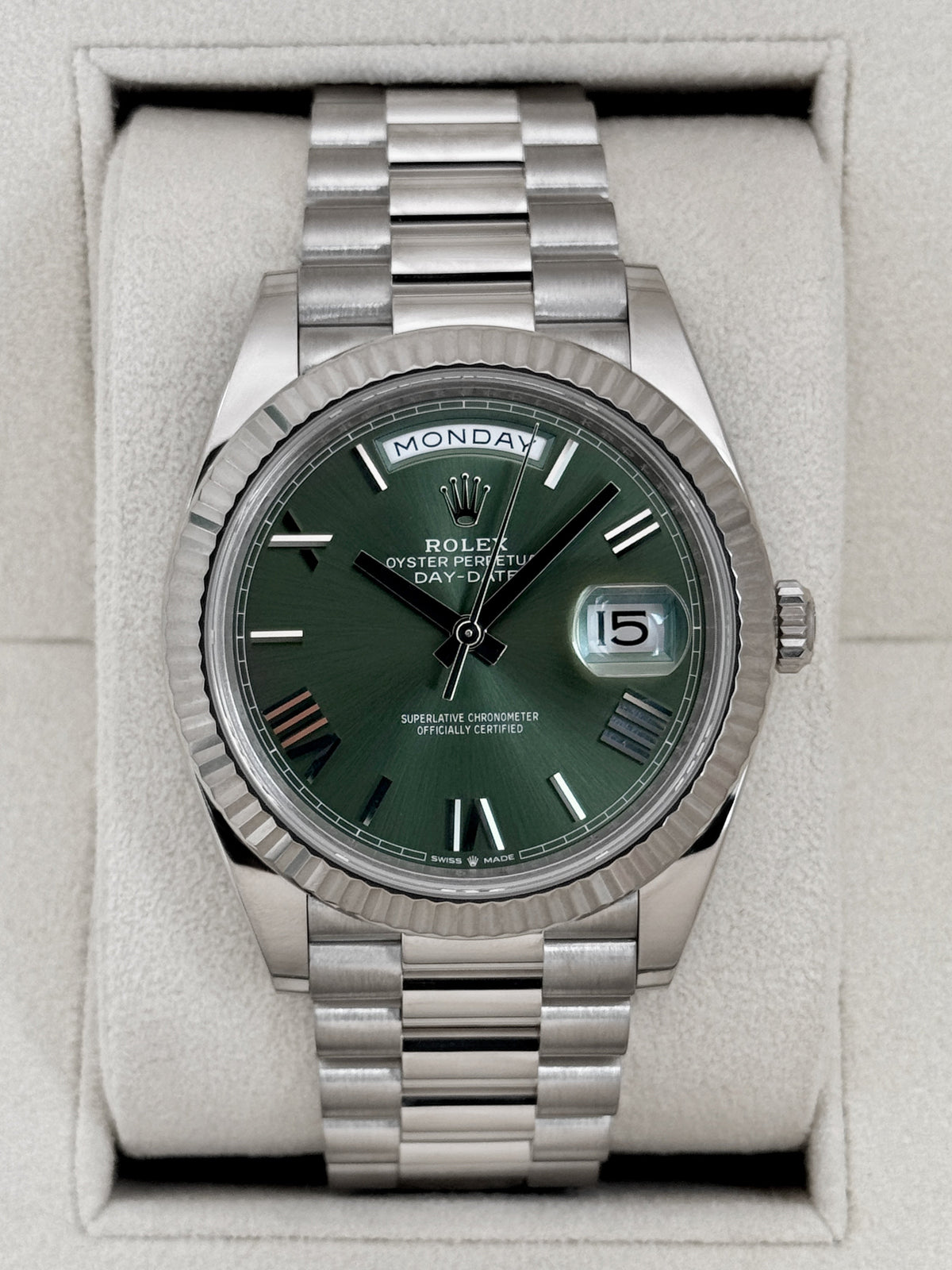 2025 Rolex Day-Date 40mm 228239 White Gold Olive Dial