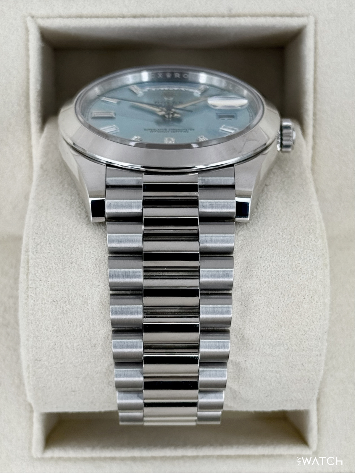 2021 Rolex Day-Date 40mm 228206 Platinum Ice Blue Diamond Dial
