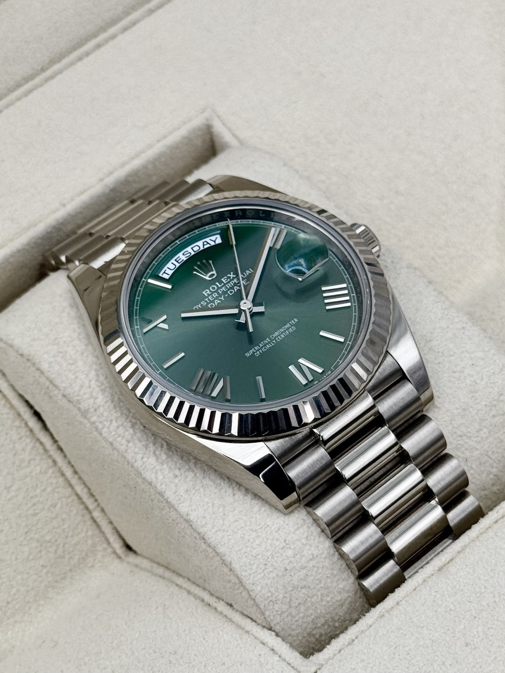 2023 Rolex Day-Date 40mm 228239 White Gold Olive Dial