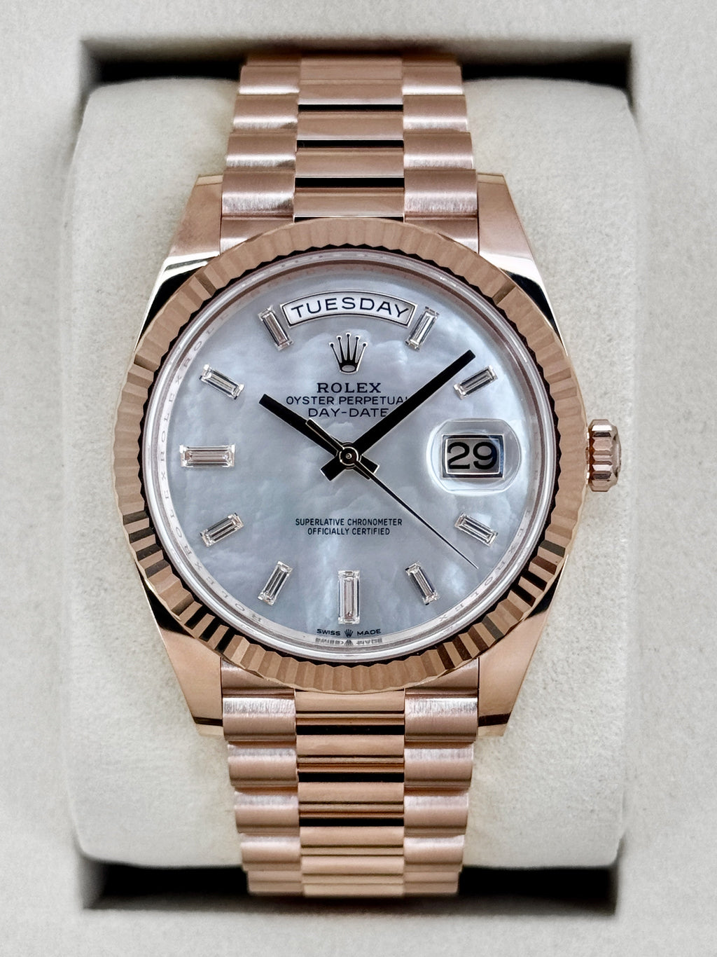 NEW 2026 Rolex Day-Date 40mm 228235 Rose Gold Mother of Pearl Diamond Dial