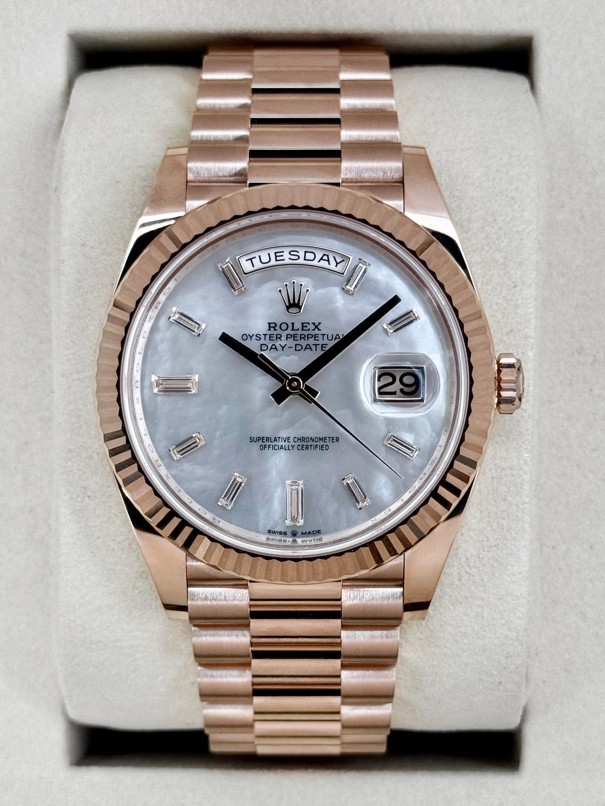 NEW 2026 Rolex Day-Date 40mm 228235 Rose Gold Mother of Pearl Diamond Dial