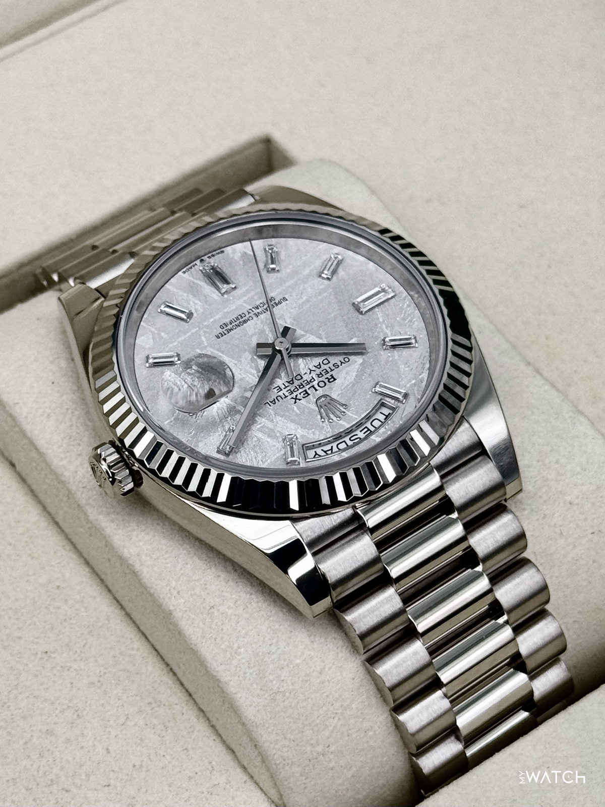 NEW 2026 Rolex Day-Date 40mm 228239 White Gold Meteorite Diamond Dial