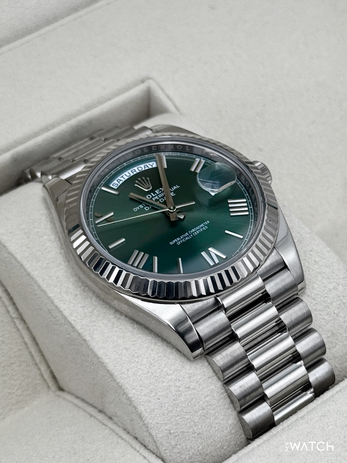2022 Rolex Day-Date 40mm 228239 Presidential 18kt White Gold Olive Dial