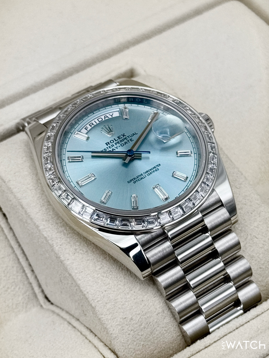 2022 Rolex Day-Date 40mm 228396TBR Ice Blue Diamond Baguette Dial