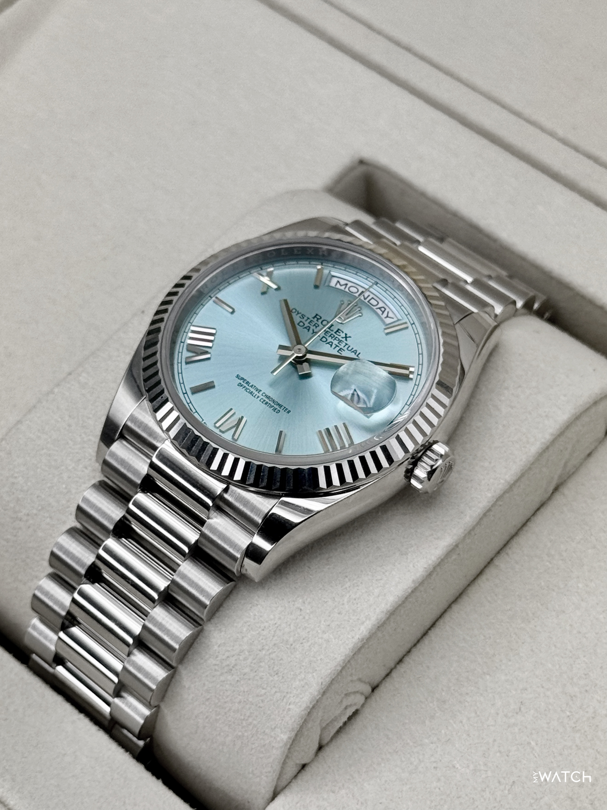 NEW 2026 Rolex Day-Date Platinum 36mm 128236 Ice Blue Roman Dial