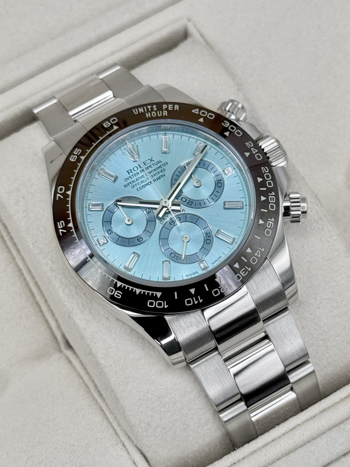 2020 Rolex Daytona 40mm 116506 Platinum Ice Blue Diamond Baguette Dial