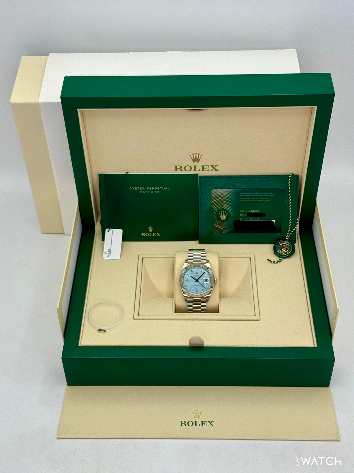 2021 Rolex Day-Date 40mm 228206 Platinum Ice Blue Diamond Dial