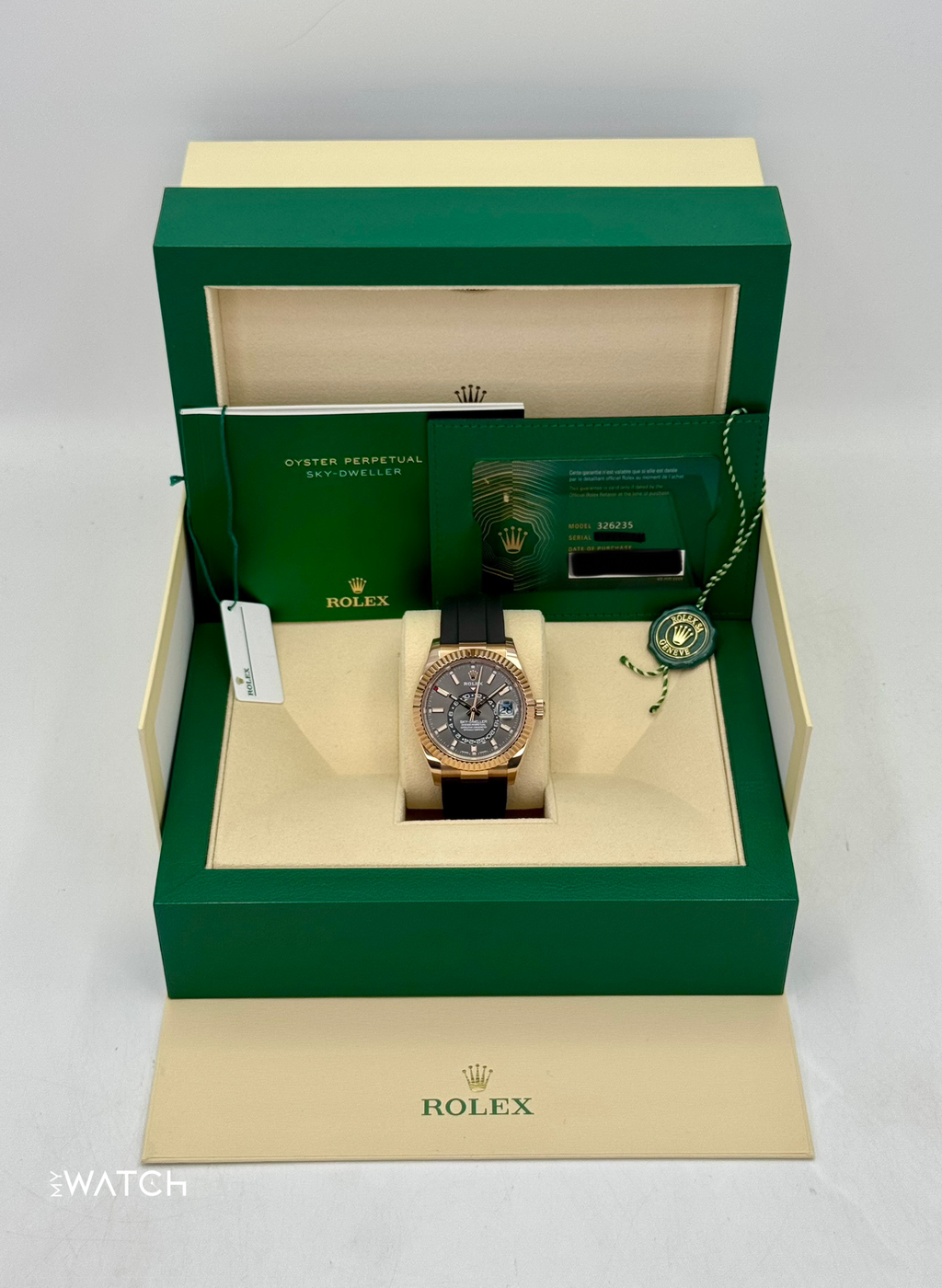 2021 Rolex Sky-Dweller 42mm 326235 Rose Gold Oysterflex Rhodium Dial