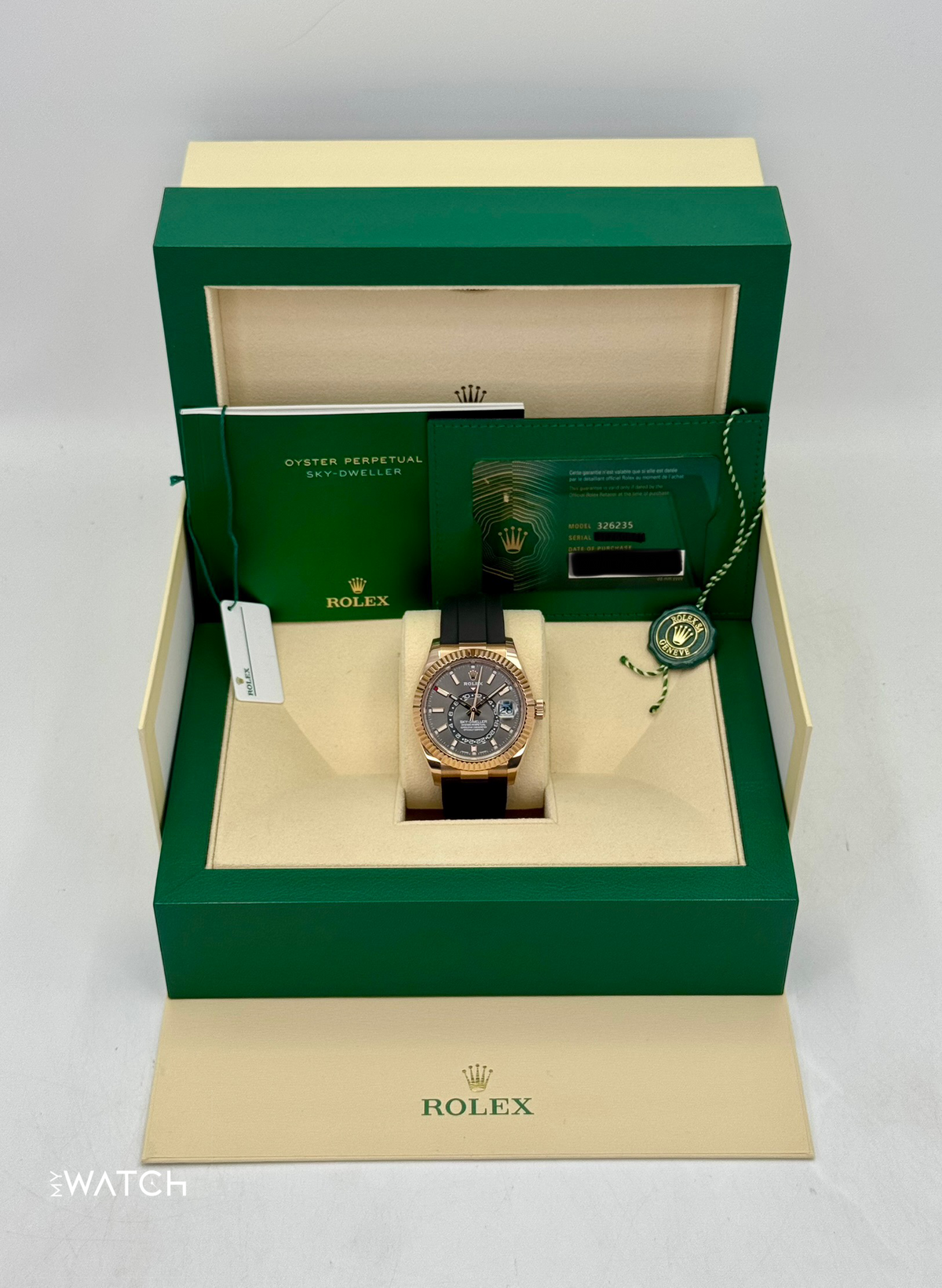 2021 Rolex Sky-Dweller 42mm 326235 Rose Gold Oysterflex Rhodium Dial