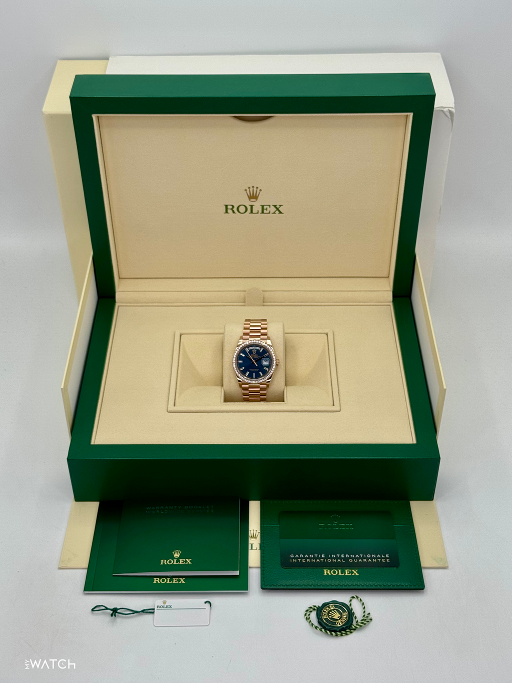 NEW 2025 Rolex Day-Date 36mm 128345RBR Rose Gold Blue Baguette Dial