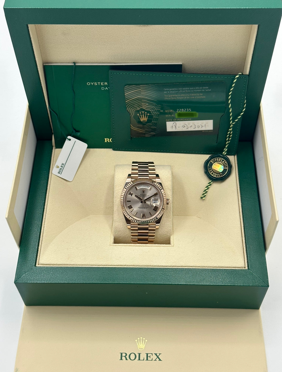 2021 Rolex Day-Date 40mm 228235 Presidential Rose Gold Sundust Dial
