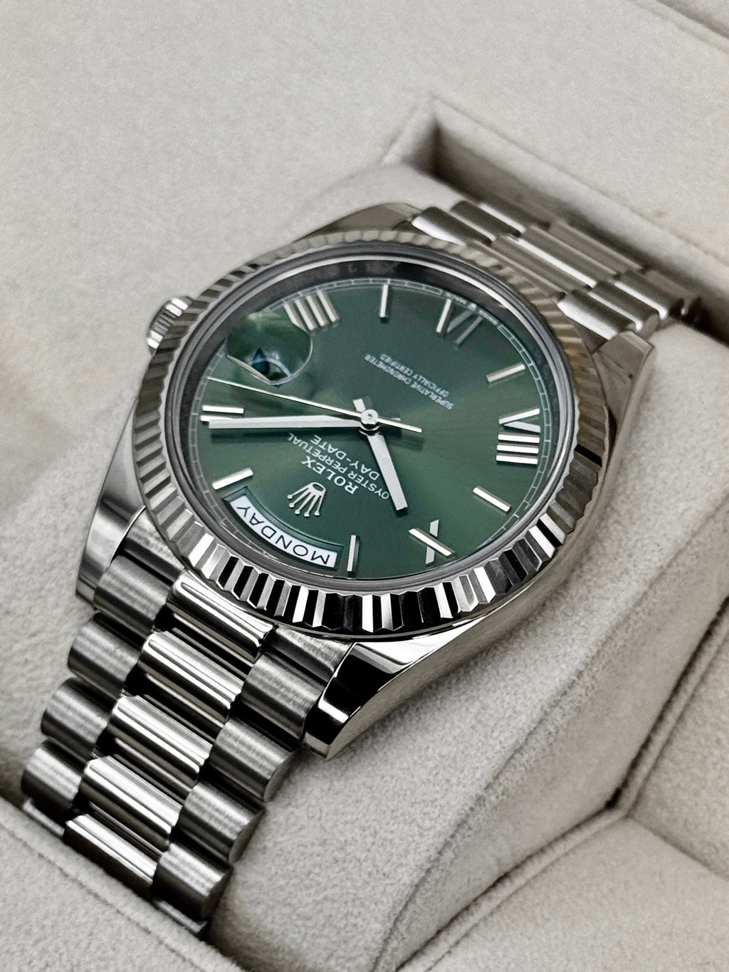 2025 Rolex Day-Date 40mm 228239 White Gold Olive Dial