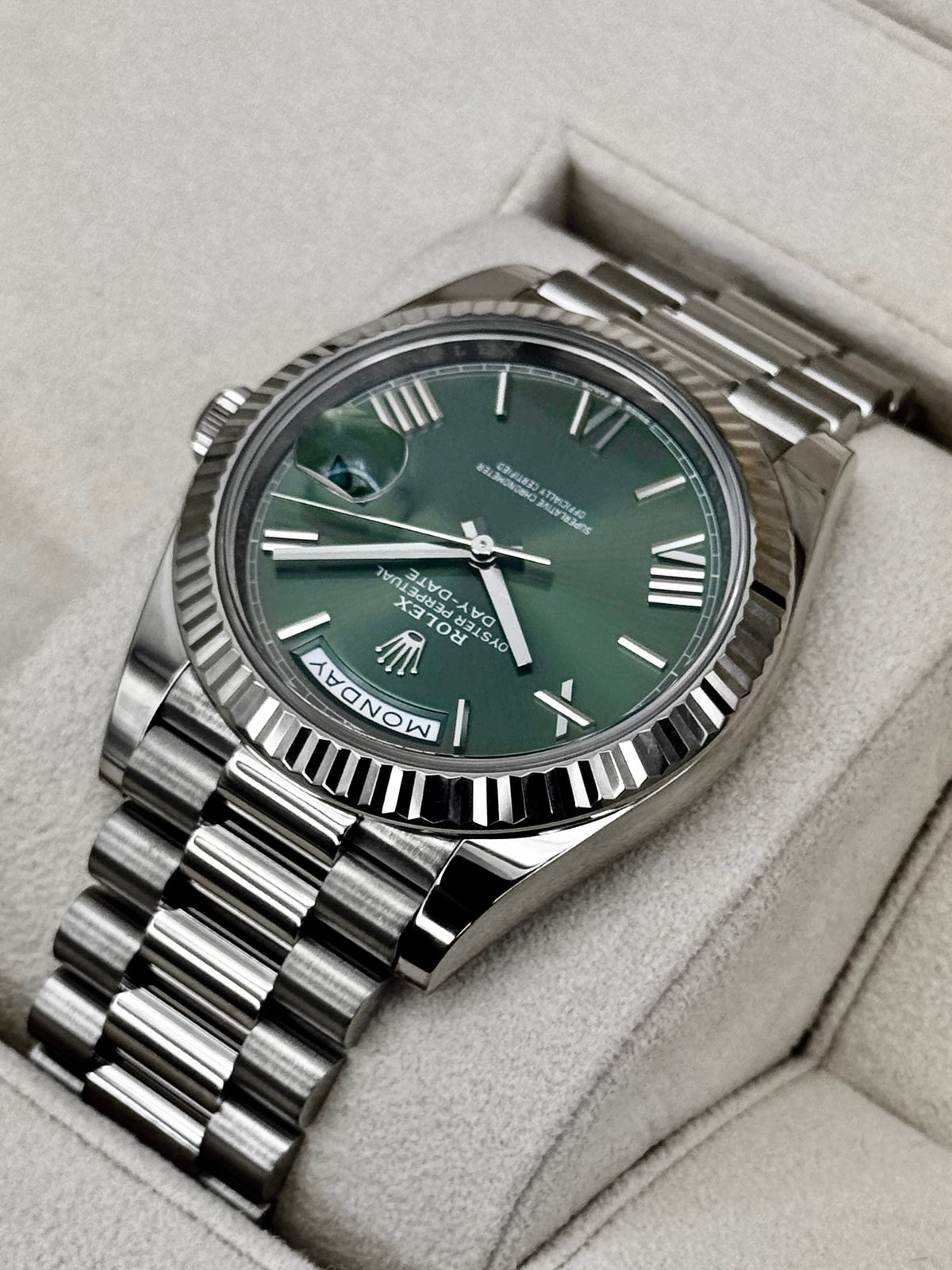 2025 Rolex Day-Date 40mm 228239 White Gold Olive Dial