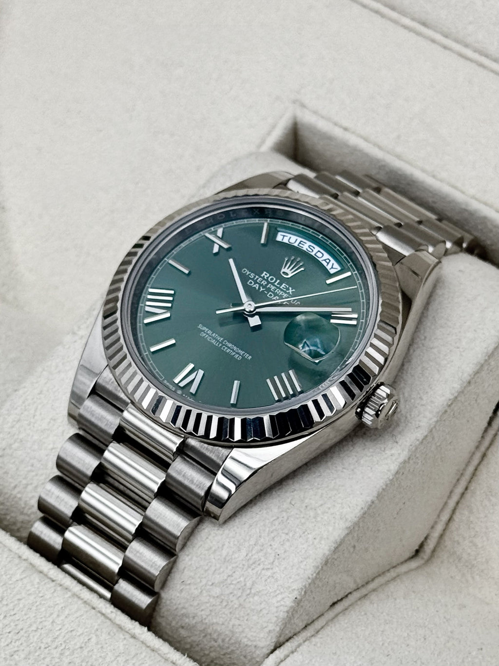 2023 Rolex Day-Date 40mm 228239 White Gold Olive Dial