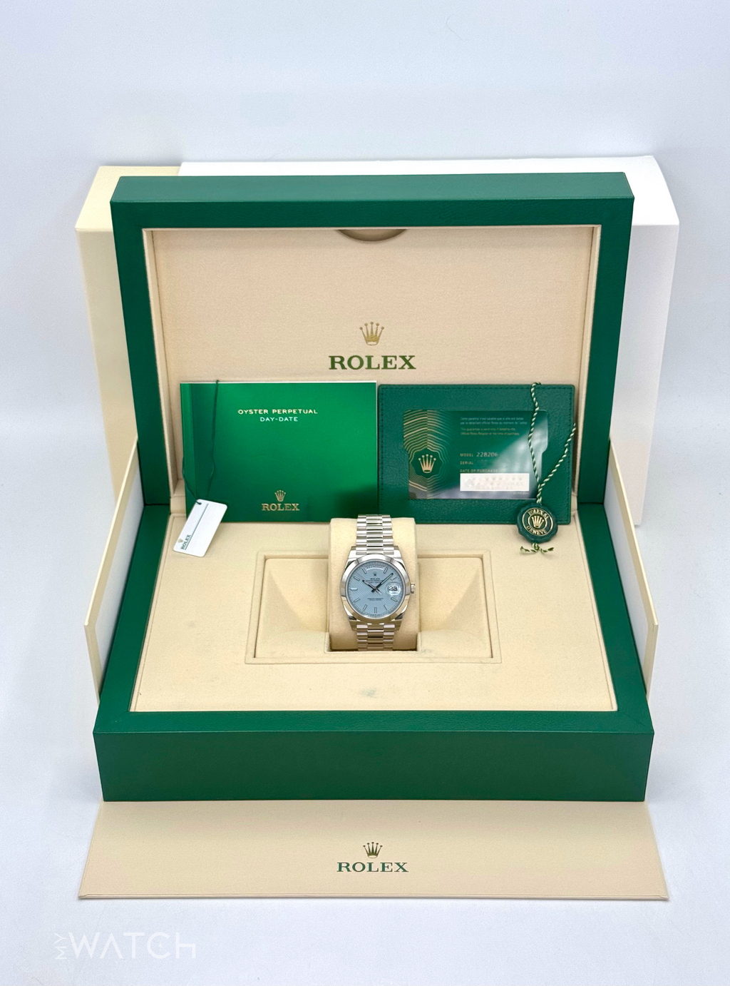 NEW 2024 Rolex Day-Date 40mm 228206 Platinum Blue Motif Dial