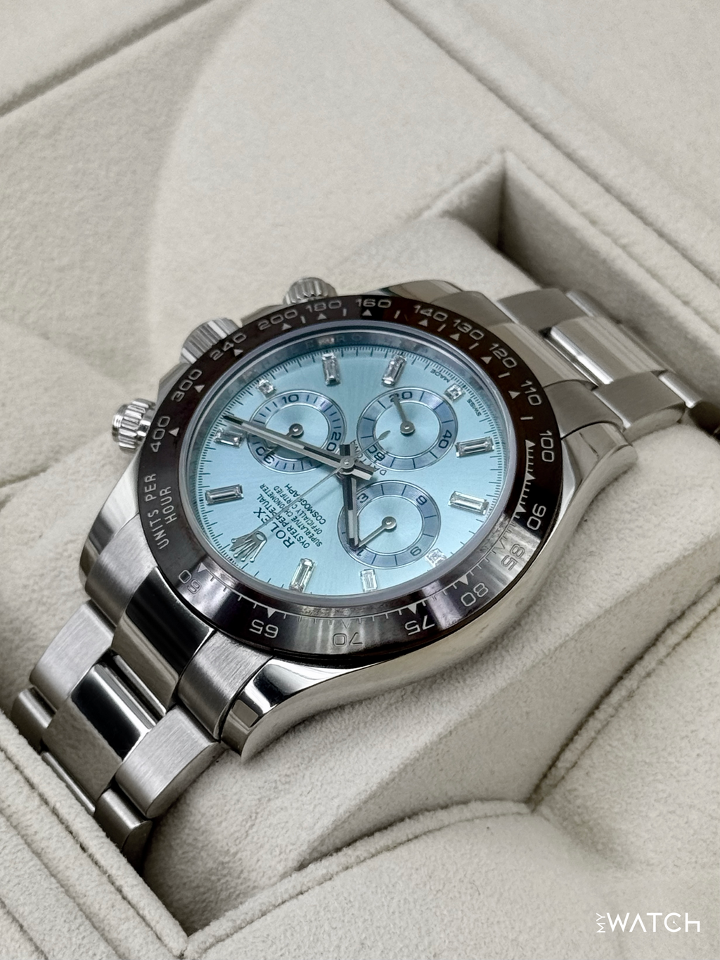 2017 Rolex Daytona 40mm 116506 Platinum Ice Blue Diamond Baguette Dial
