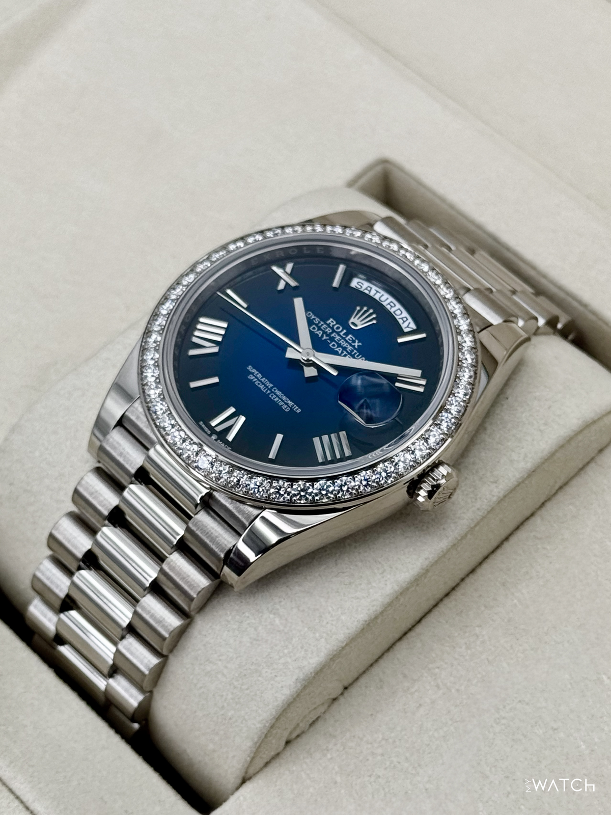 2025 Rolex Day-Date 40mm 228349RBR Presidential White Gold Blue Ombre Dial