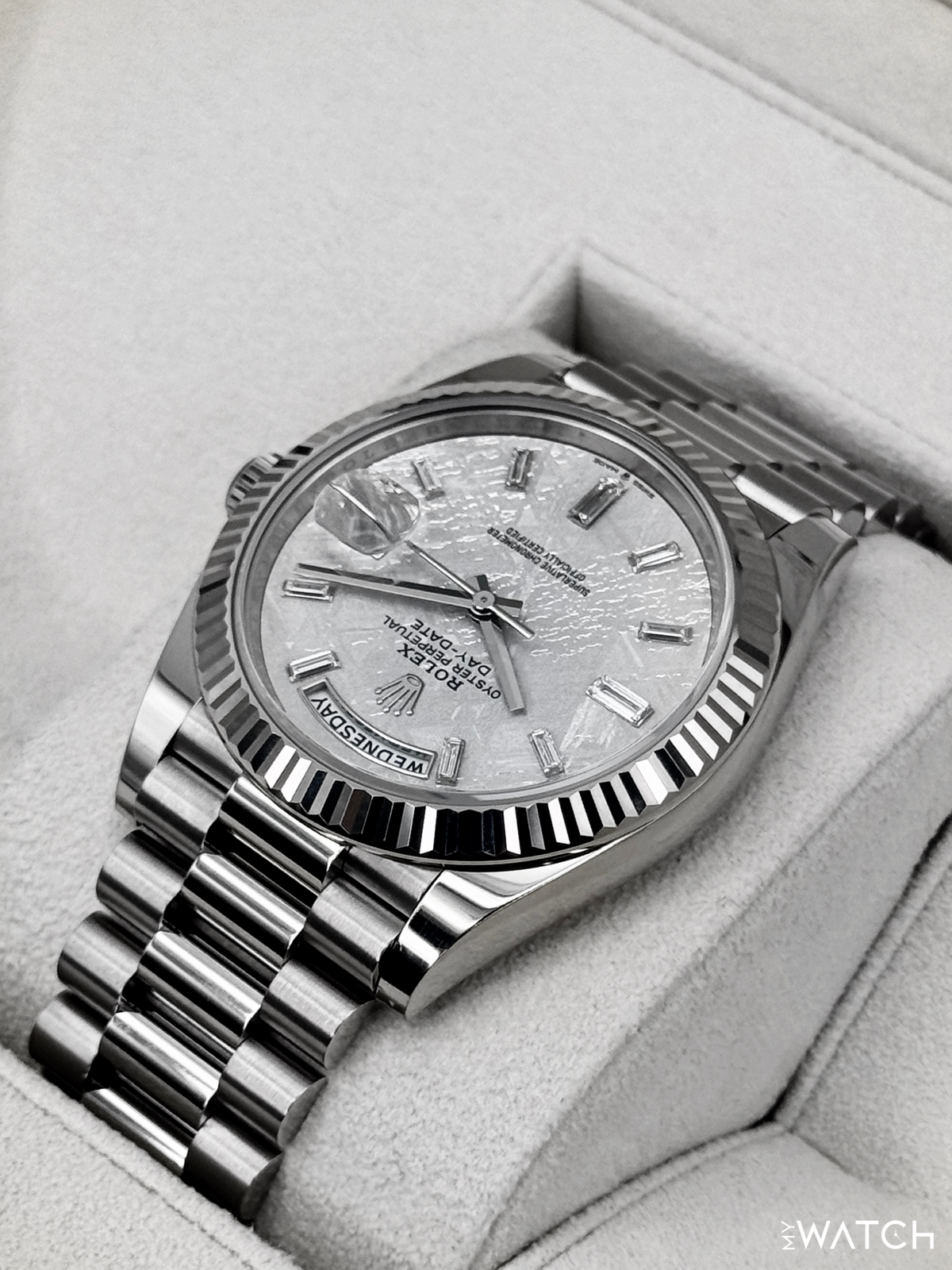 2025 Rolex Day-Date 40mm 228239 Presidential White Gold Meteorite Diamond Dial
