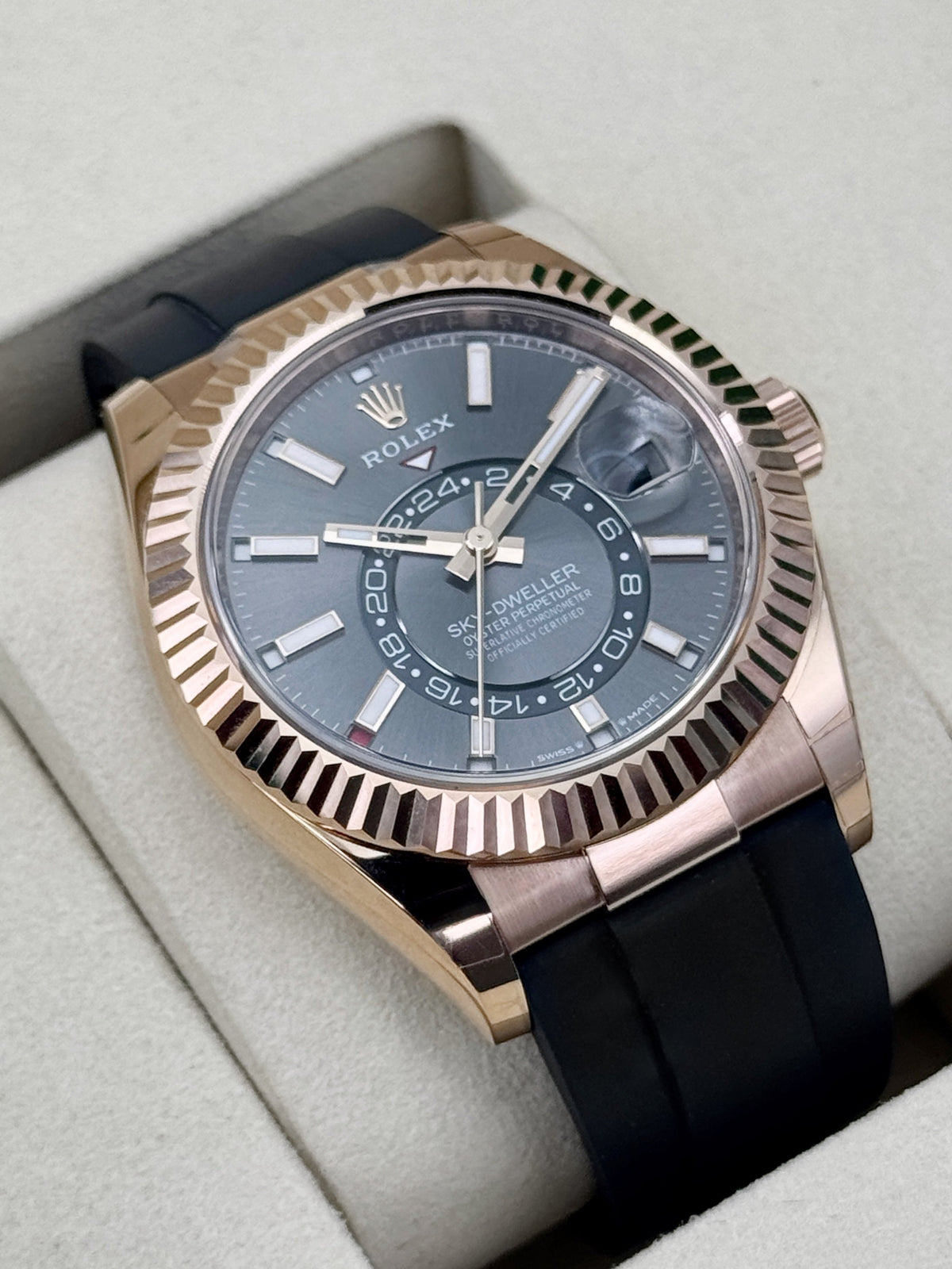 NEW 2026 Rolex Sky-Dweller 42mm 336235 Rose Gold Oysterflex Rhodium Dial - STICKERED