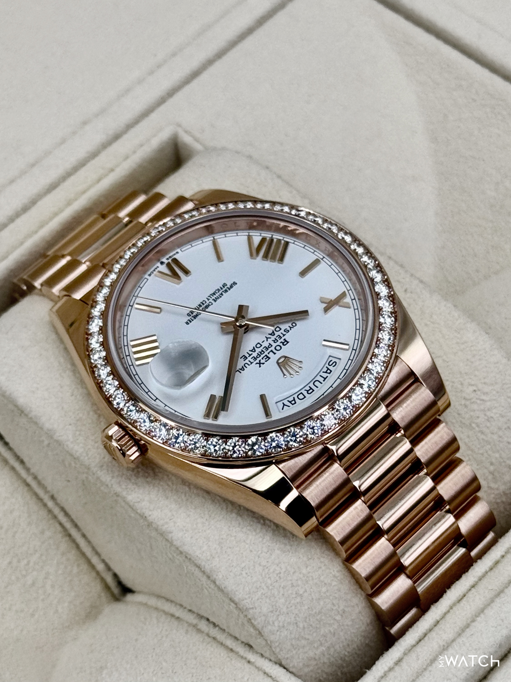 2022 Rolex Day-Date 40mm 228345RBR Presidential Rose Gold Diamond Bezel White Dial (CPO)