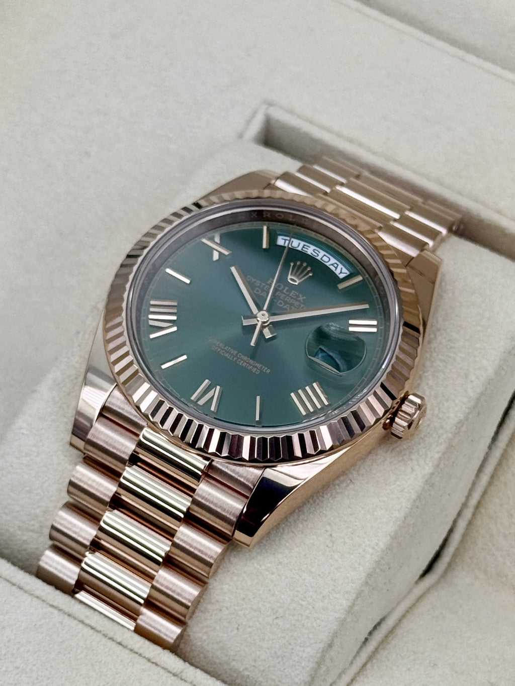 2017 Rolex Day-Date 40mm 228235 Presidential Rose Gold Olive Green Dial