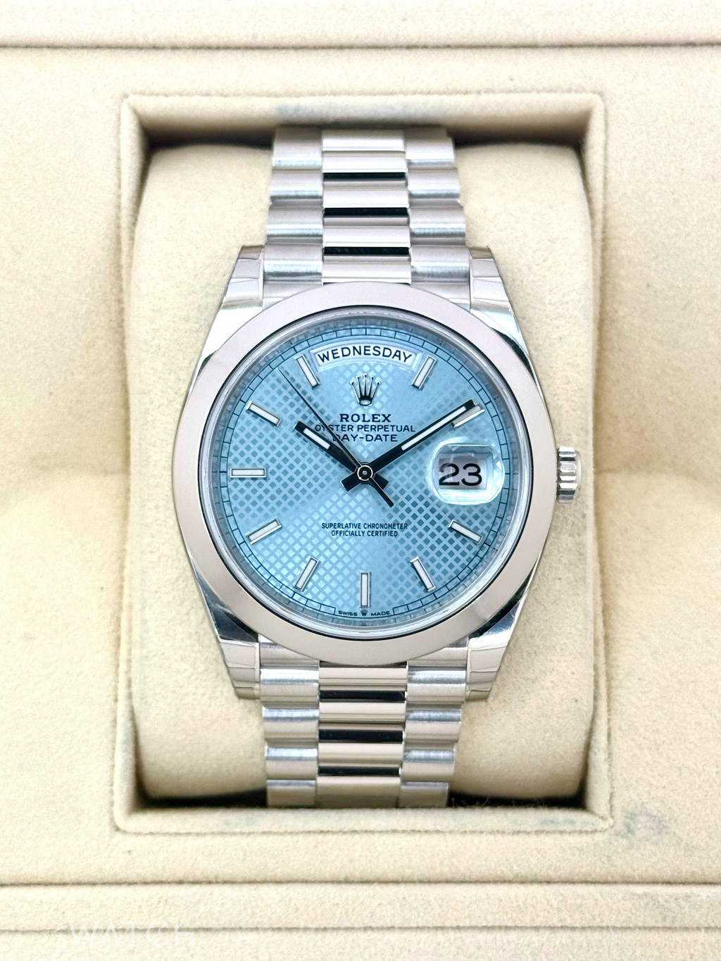 NEW 2024 Rolex Day-Date 40mm 228206 Platinum Blue Motif Dial