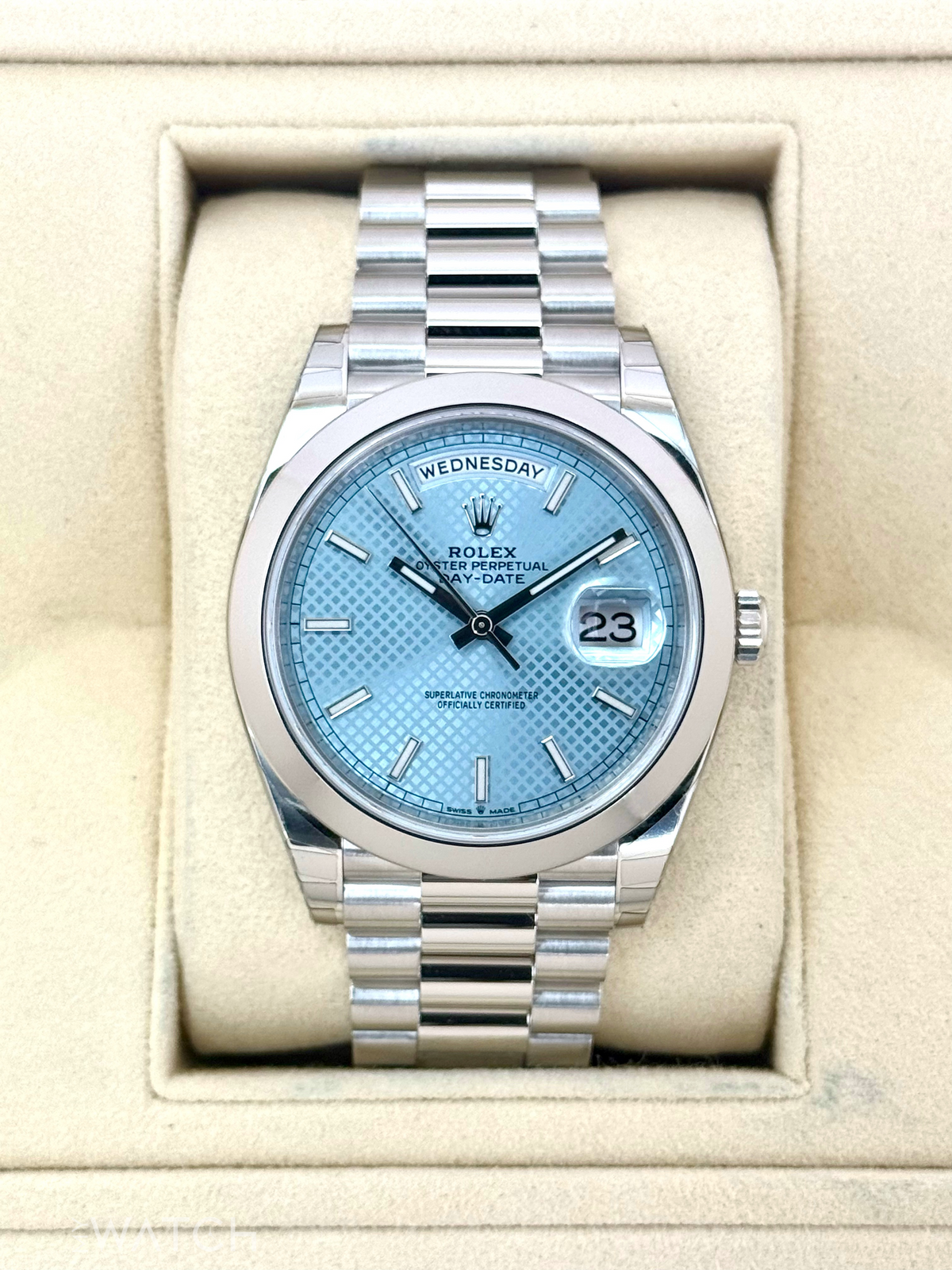 NEW 2024 Rolex Day-Date 40mm 228206 Platinum Blue Motif Dial