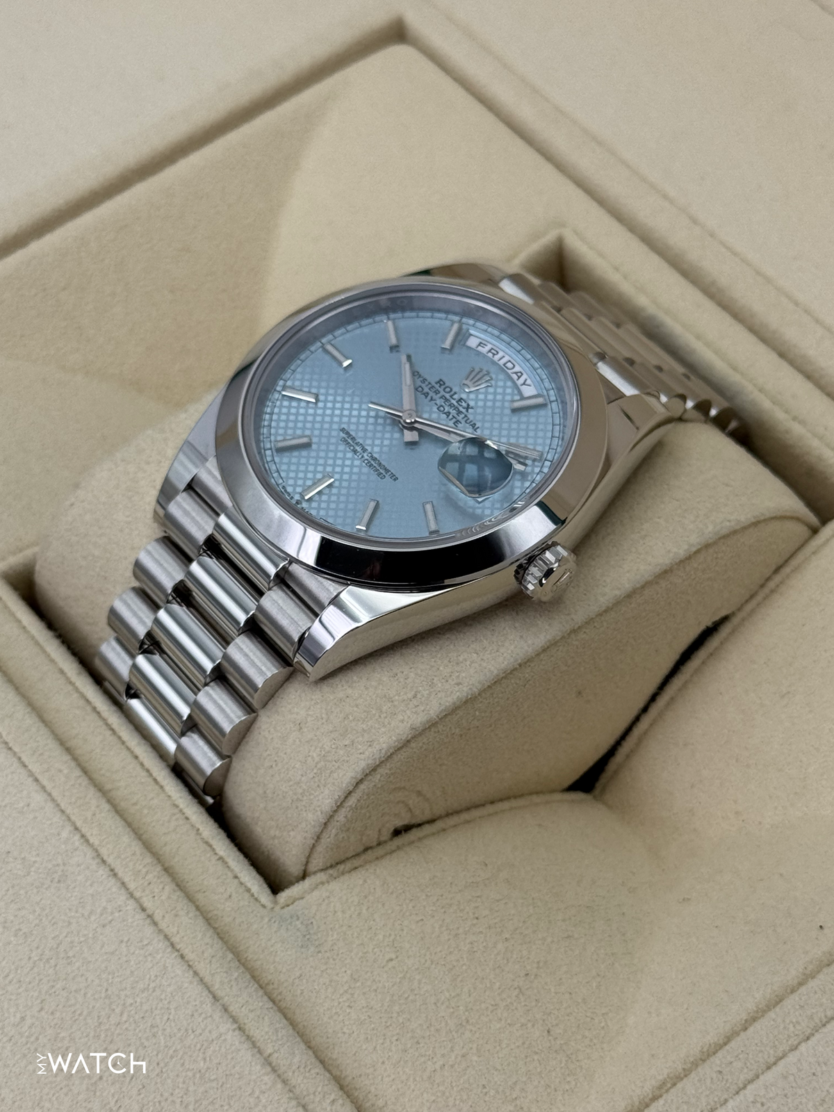 2024 Rolex Day-Date 40mm 228206 Platinum Blue Motif Dial