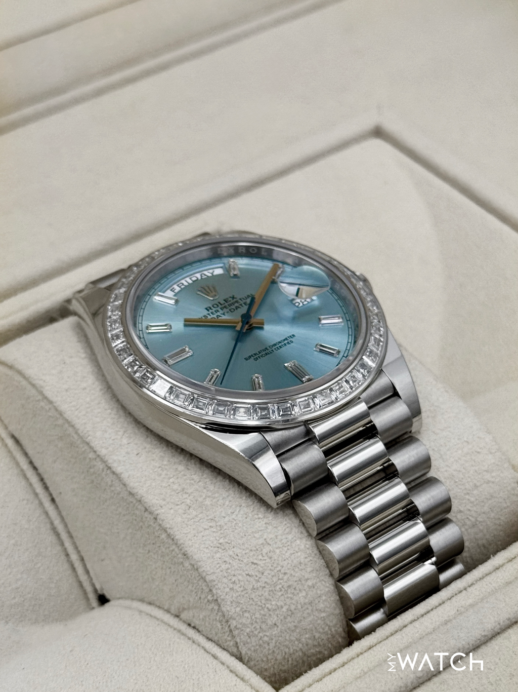 2023 Rolex Day-Date 40mm 228396TBR Ice Blue Diamond Baguette Dial