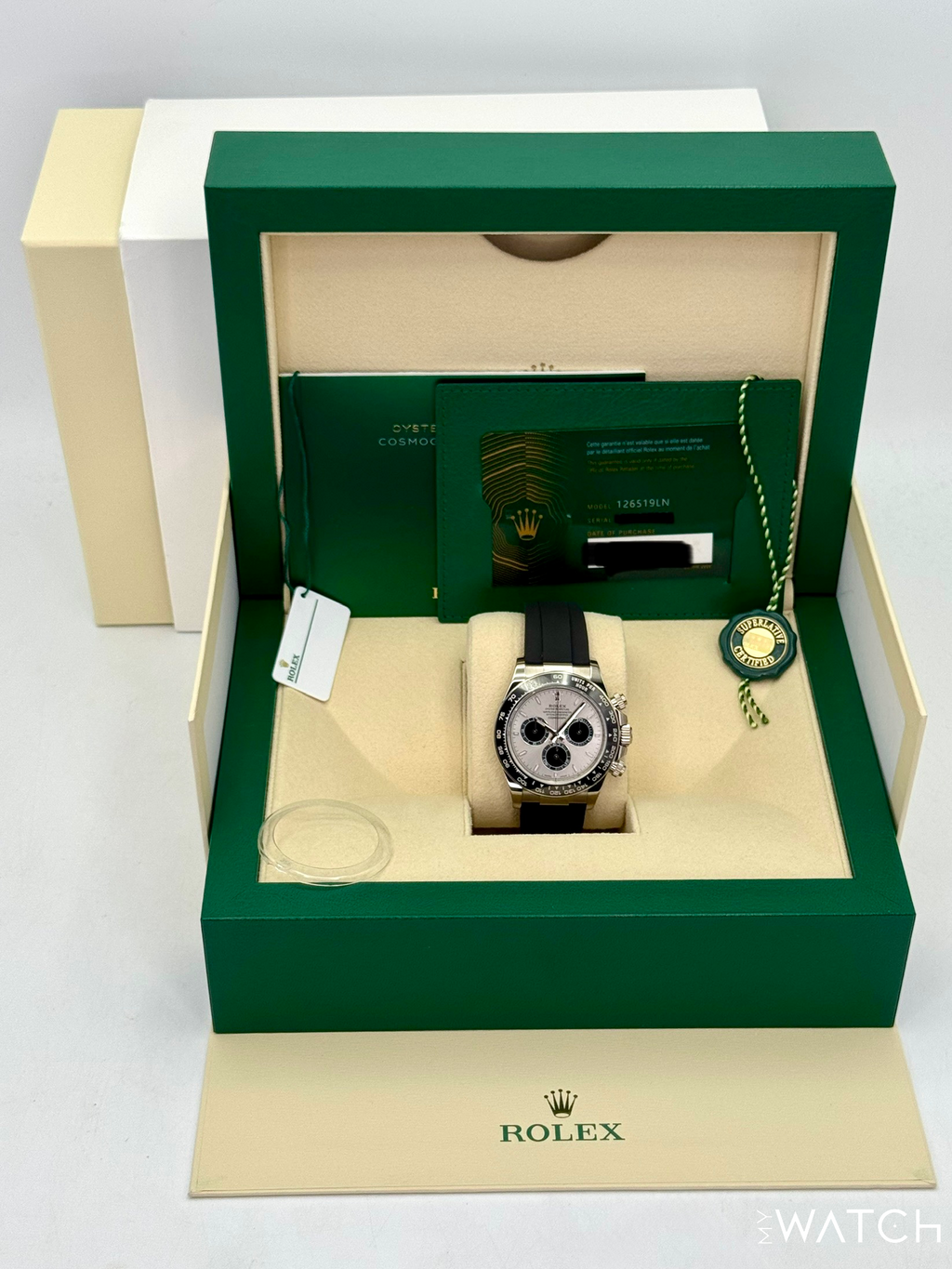 2023 Rolex Daytona 40mm 126519LN White Gold Oysterflex Silver Ghost Dial