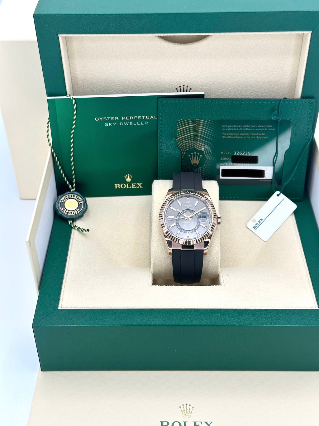 2022 Rolex Sky-Dweller 42mm 326235 Rose Gold Oysterflex Rhodium Dial